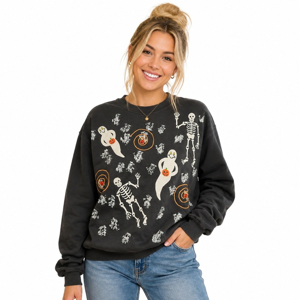 Wet Paint Women's Halloween Sweatshirt Skeletons Ghosts Novelty Black Pullover